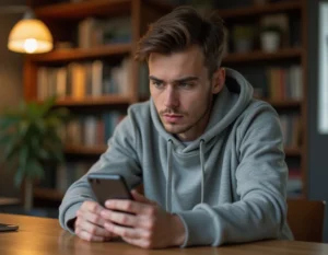 Homme jeune utilisant une application de rencontre gay sur smartphone dans un appartement cosy