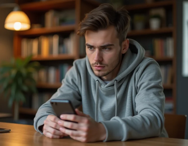 Homme jeune utilisant une application de rencontre gay sur smartphone dans un appartement cosy