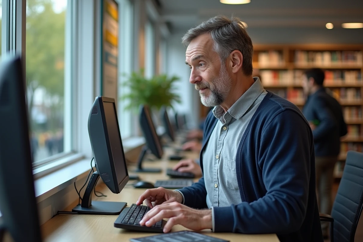 Homme français vérifiant ses emails dans une bibliothèque municipale