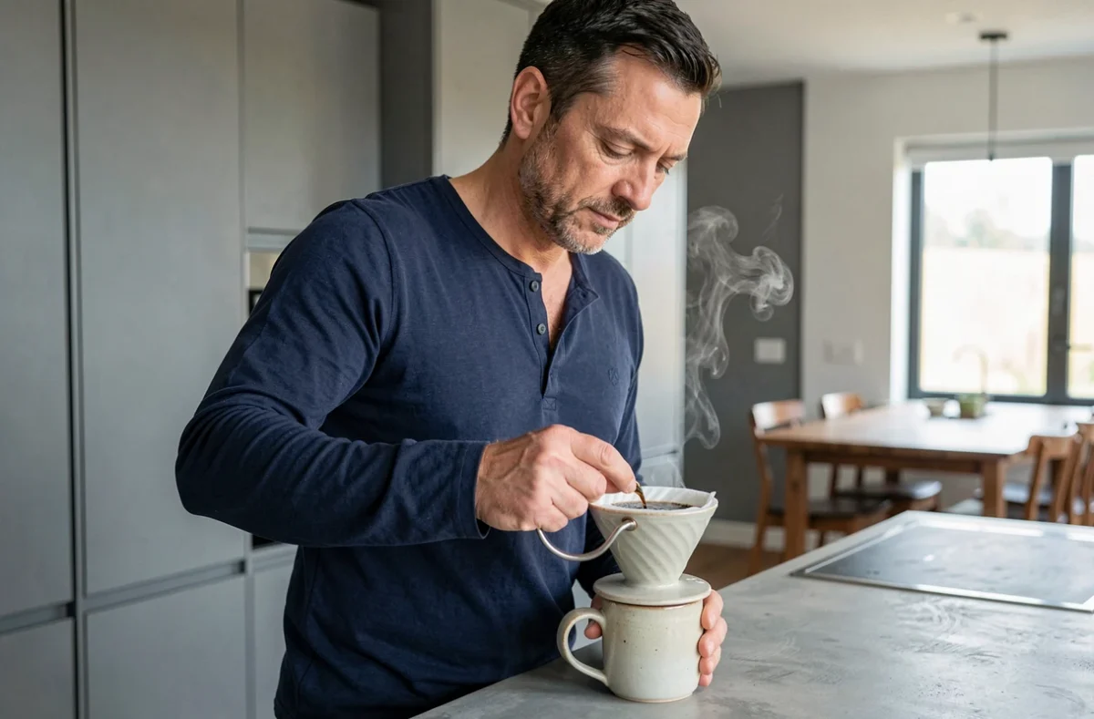 Homme préparant un café noir sans sucre adapté au jeûne intermittent