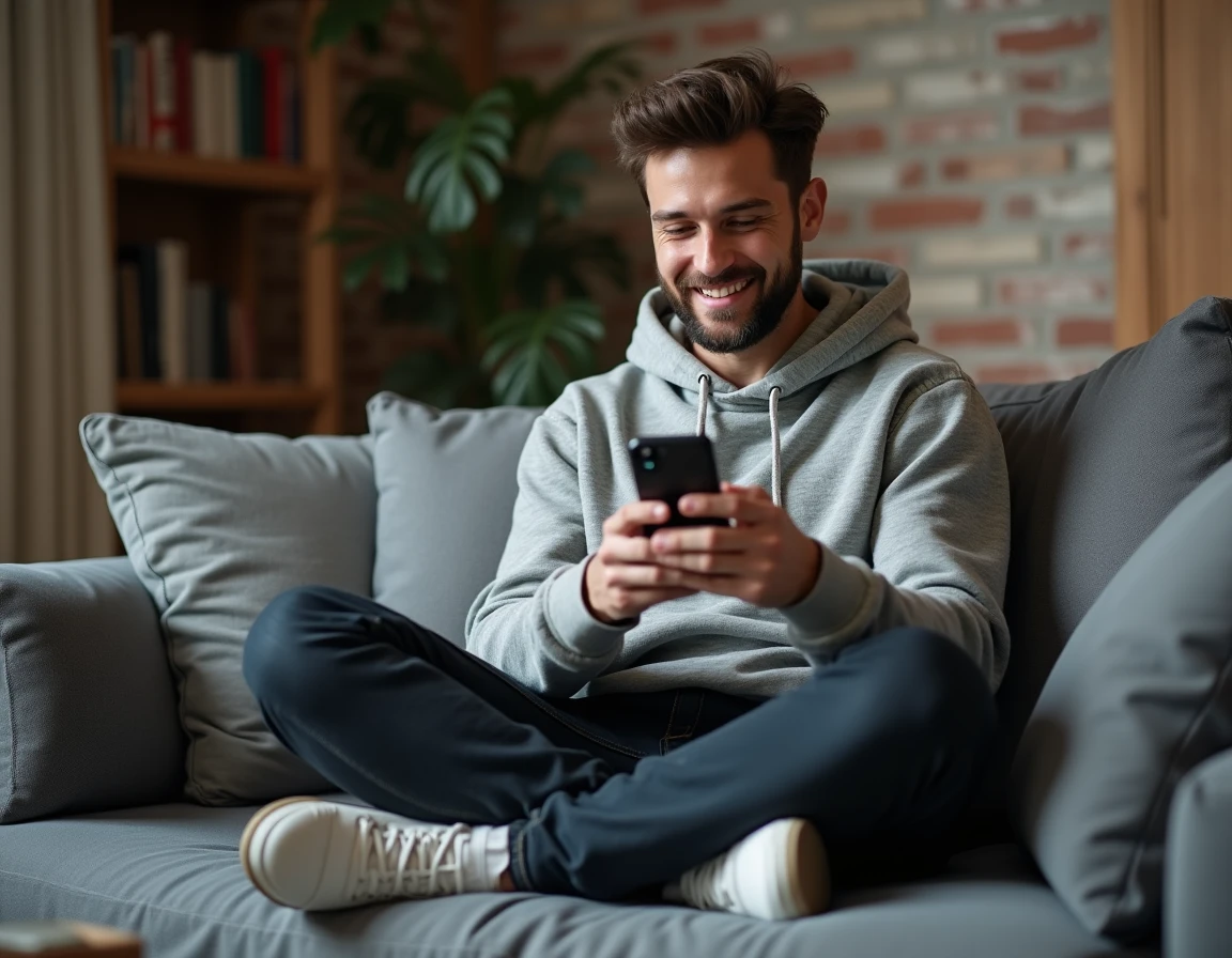 Homme consultant une application de comparaison de prix sur son smartphone dans un appartement urbain