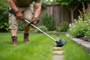 Homme utilisant un coupe-bordure sans fil Black & Decker dans un jardin verdoyant pour délimiter les bords d'une pelouse
