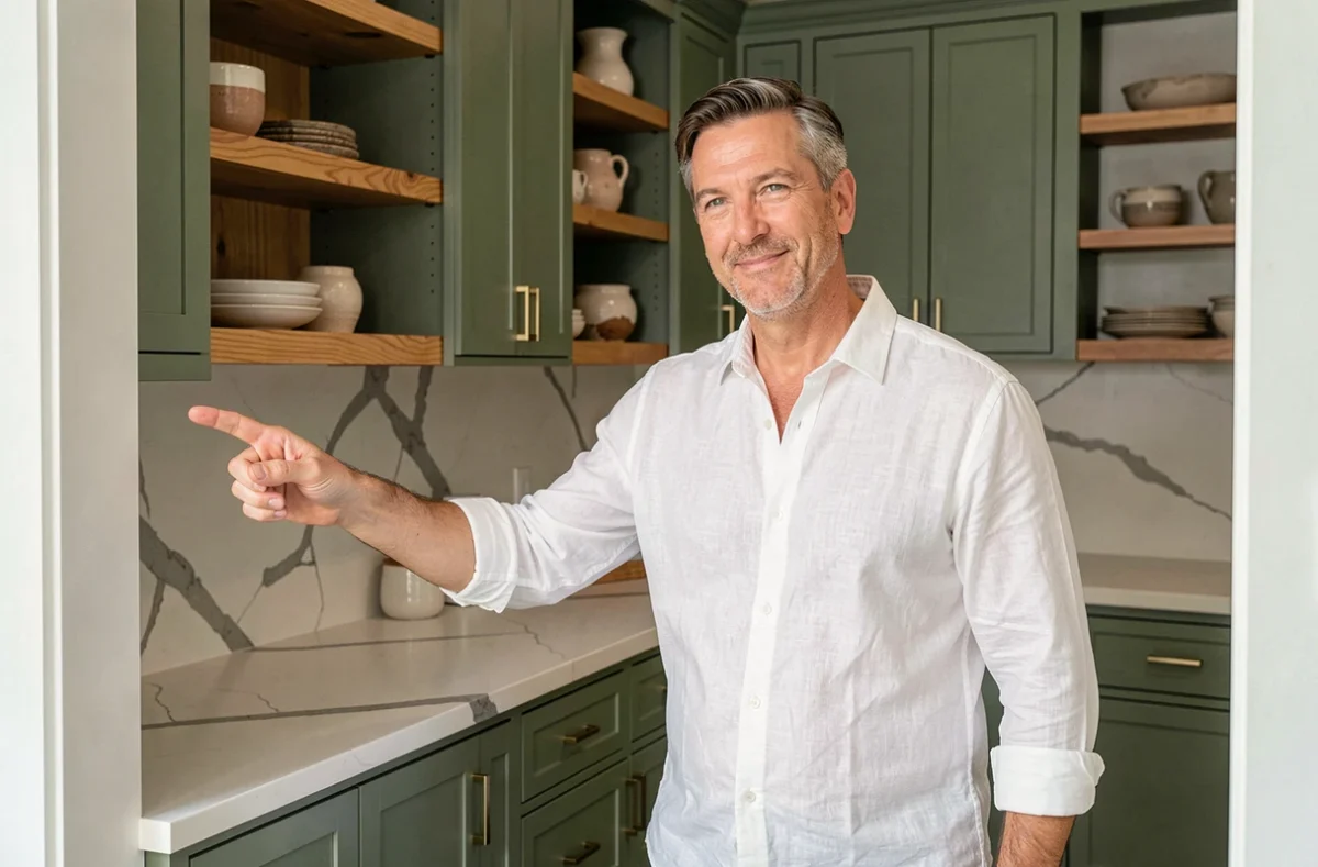 Homme découvrant une cuisine rénovée avec des armoires vert sauge et des plans de travail en quartz dans un bien immobilier haut de gamme