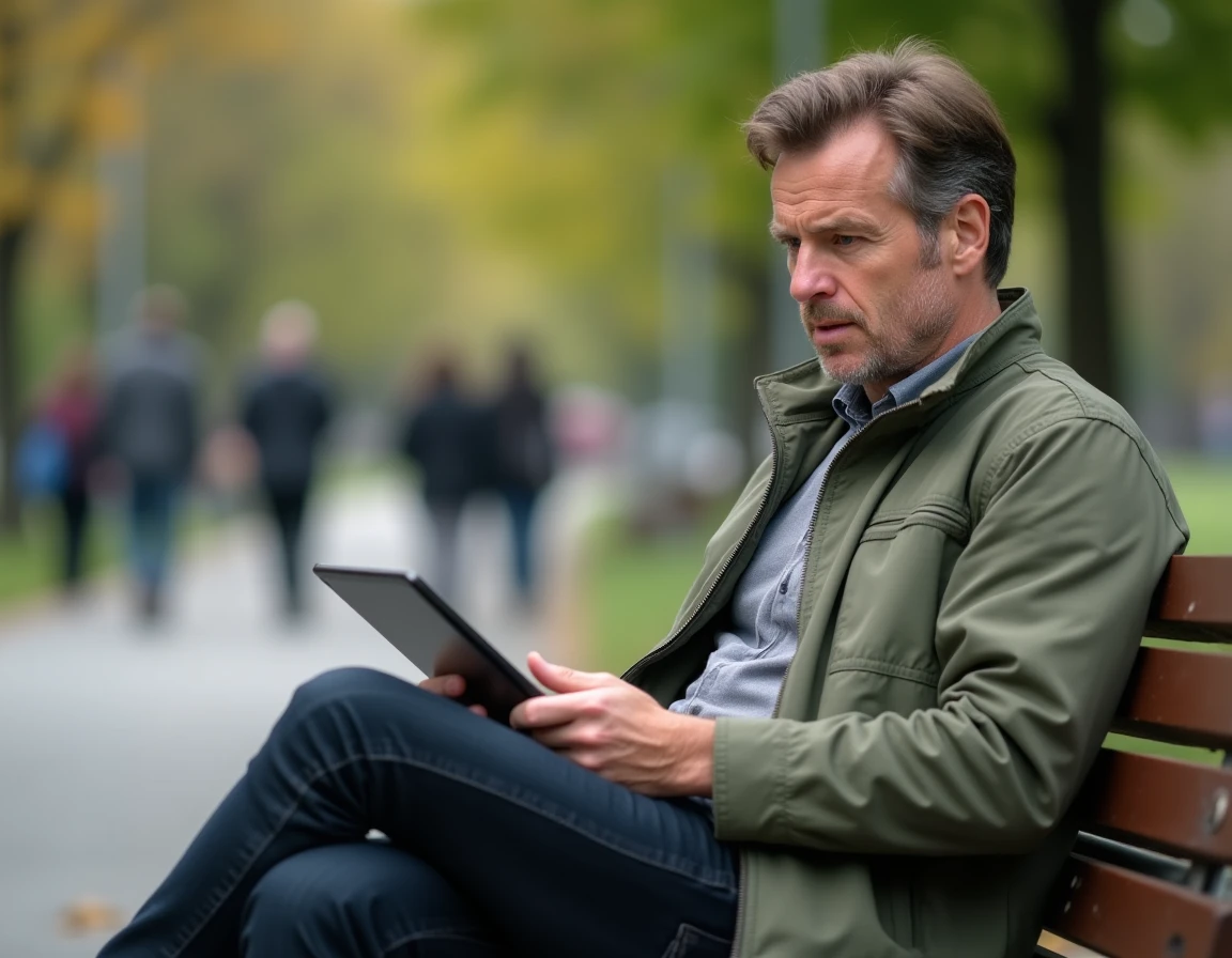 Homme adulte réfléchissant aux avantages et limites des plateformes de dial gay en plein air