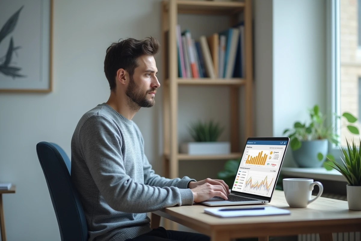 Homme en pull gris travaillant sur un tableau de bord de finances personnelles sur laptop dans un bureau à domicile minimaliste