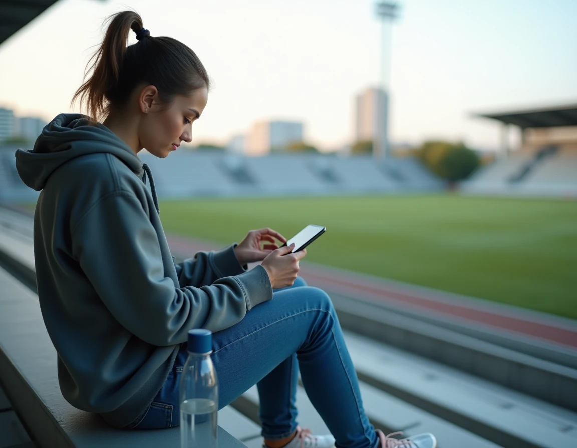 Jeune femme consultant les scores et résultats sportifs de district en temps réel sur son smartphone dans un stade municipal
