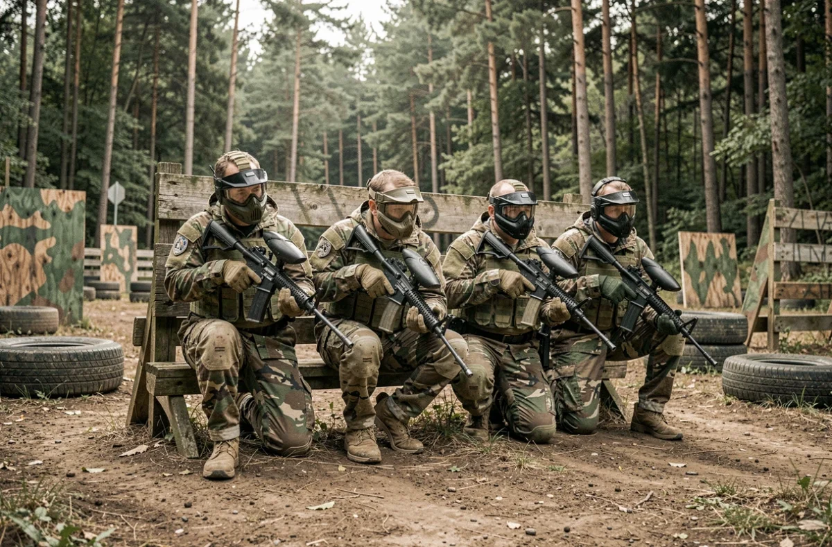 Groupe de joueurs d'airsoft en tenue tactique camouflée accroupis derrière une barricade en bois sur un terrain outdoor en forêt