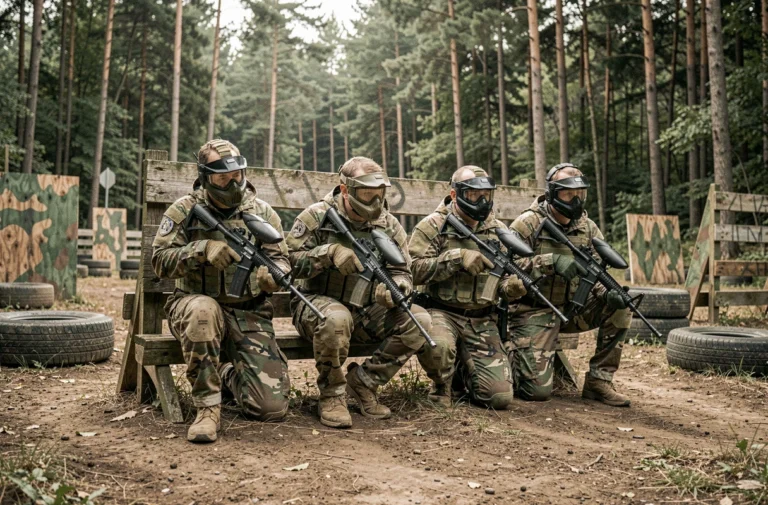 Groupe de joueurs d'airsoft en tenue tactique camouflée accroupis derrière une barricade en bois sur un terrain outdoor en forêt