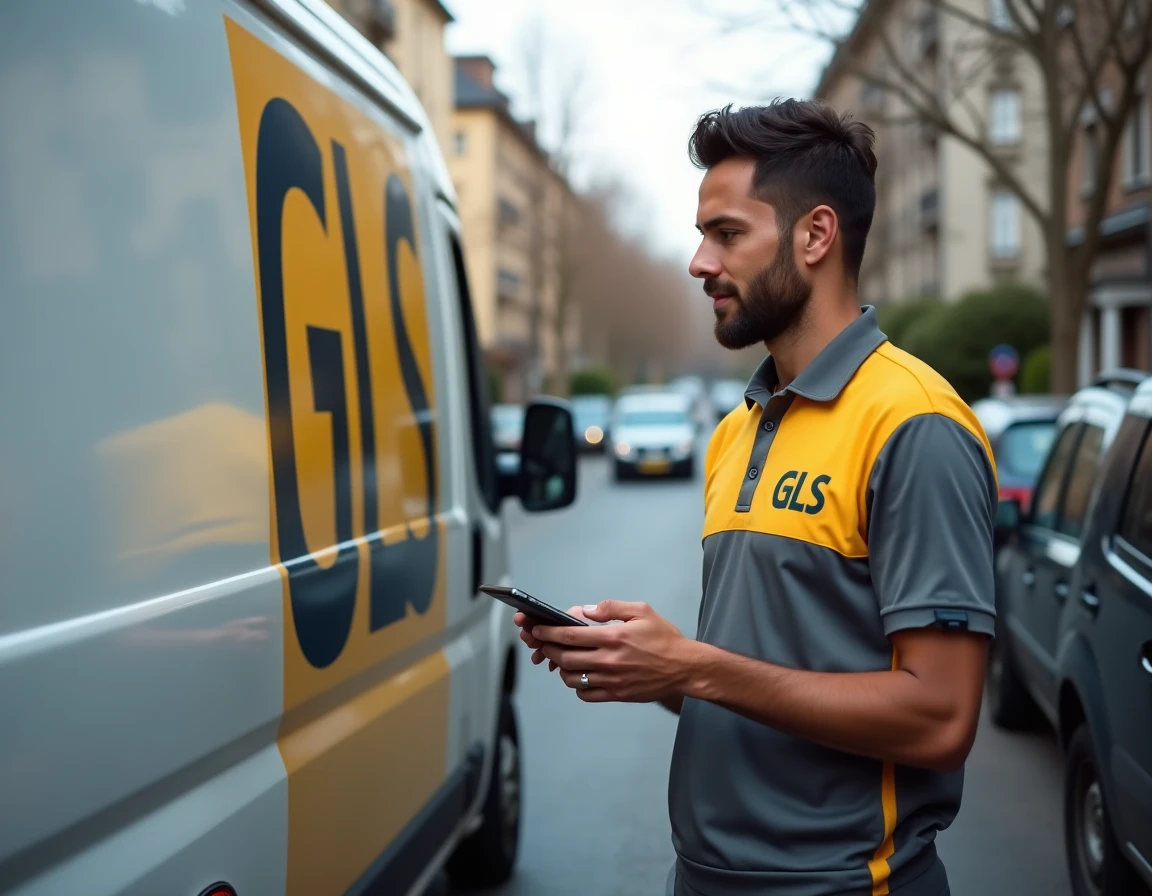 Livreur GLS en uniforme scannant un colis devant son camion de livraison dans une rue résidentielle