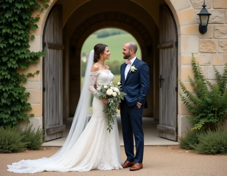 Mariés souriants devant un château en pierre rustique dans la campagne française lors d'un mariage en 2024