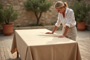 Femme inspectant une nappe extérieure anti UV sur mesure sur une terrasse en bois avec jardin méditerranéen en arrière-plan