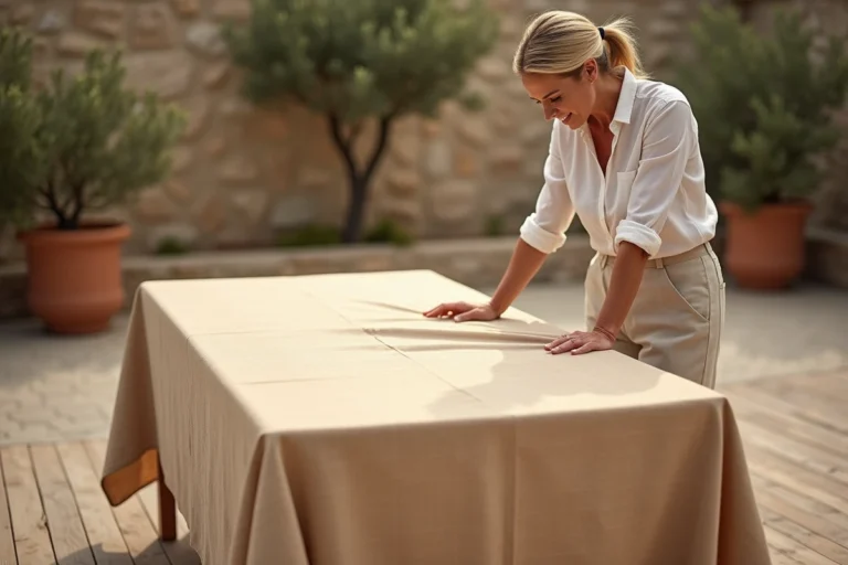 Femme inspectant une nappe extérieure anti UV sur mesure sur une terrasse en bois avec jardin méditerranéen en arrière-plan