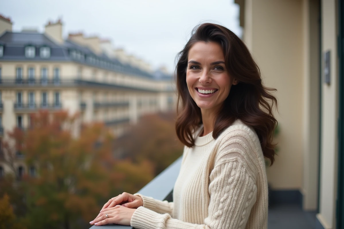 Femme souriante sur balcon parisien avec vue urbaine
