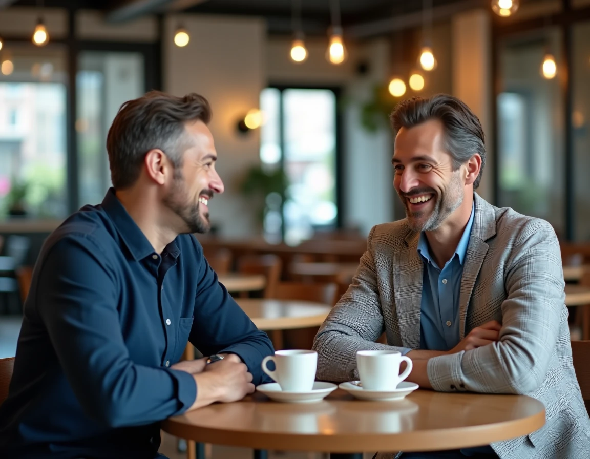 Deux hommes gay discutant lors d'un premier rendez-vous dans un café urbain