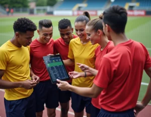 Groupe de sportifs amateurs consultant les classements de district en temps réel sur une tablette numérique en bord de terrain