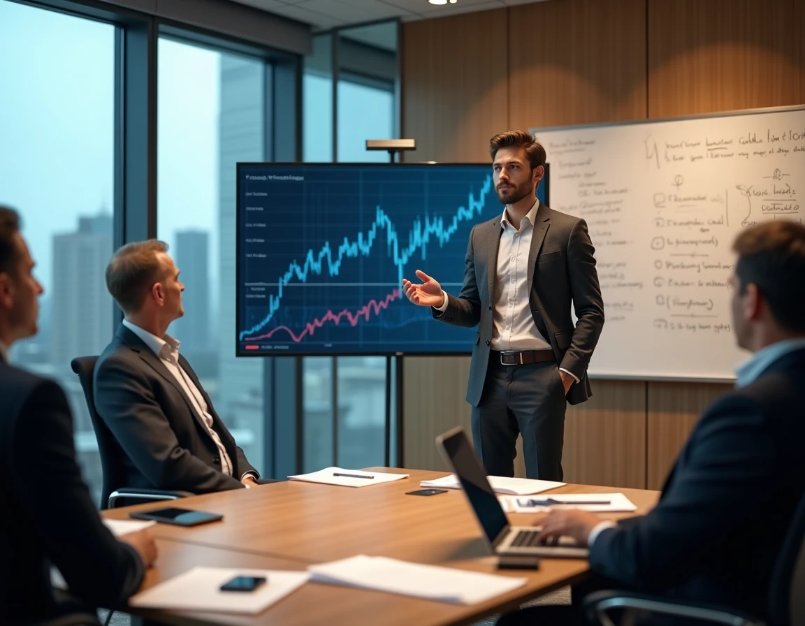 Stagiaire en finance quantitative présentant ses résultats à des banquiers seniors lors d'une réunion professionnelle