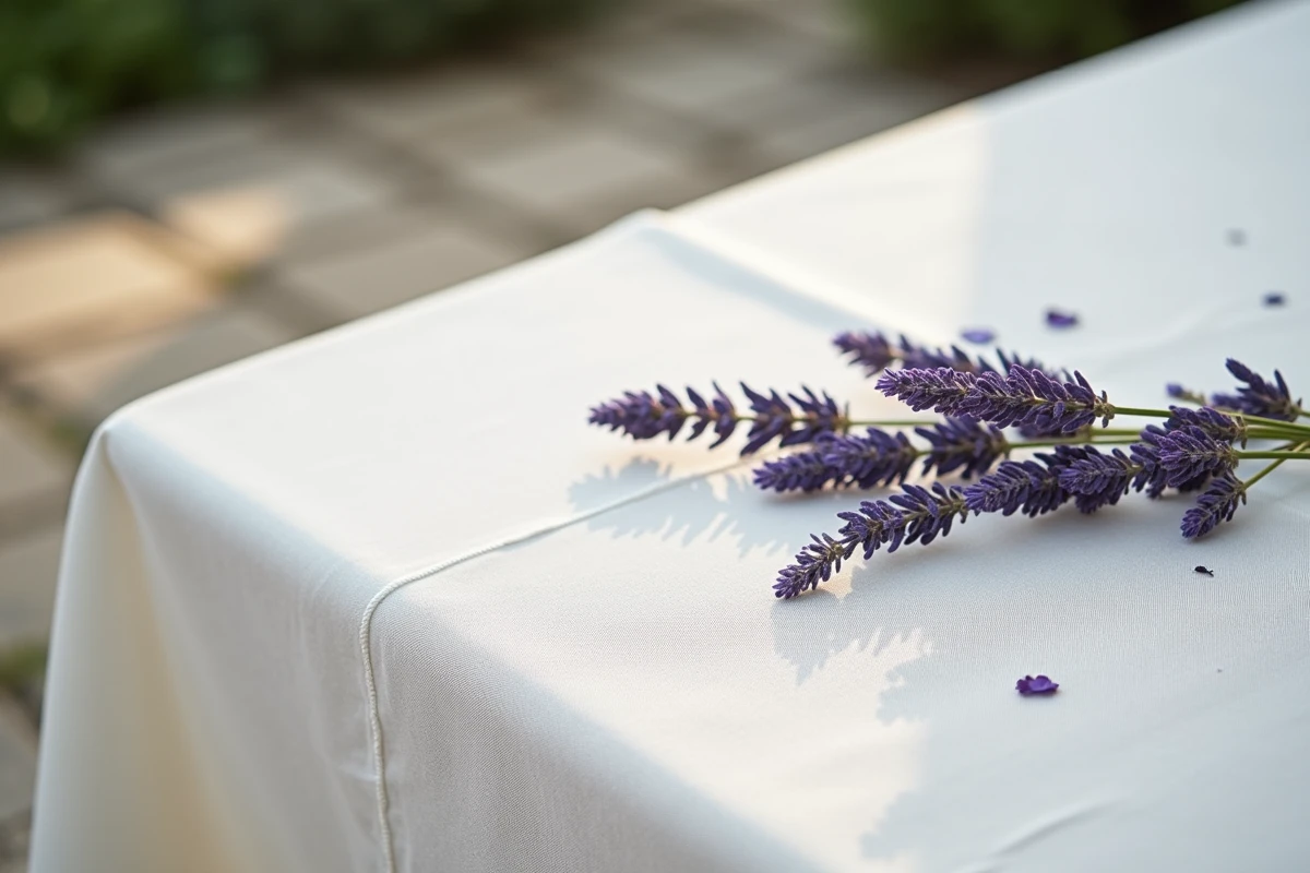 Gros plan sur la texture dense et la couture renforcée d'une nappe anti UV sur mesure avec étiquette de protection solaire