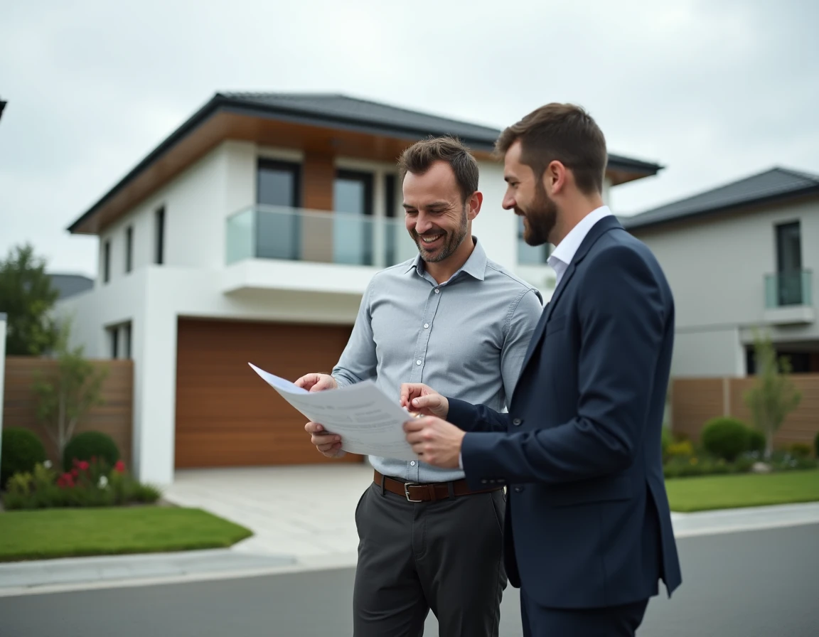 Agent immobilier et client examinant des documents devant une maison neuve lors d'une visite immobilière personnalisée